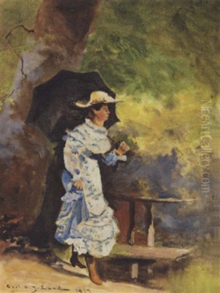 Ung Kvinde I Hvid Kjole Med Parasol Oil Painting by Carl Ove Julian Lund