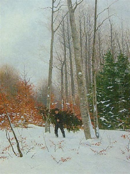 A Huntsman In A Snowy Landscape Oil Painting by Carl Ove Julian Lund