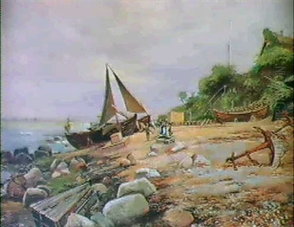 Kystparti, Sceneri Fra Oresund, Pa Stranden Legende Born    Mellem Optrukne Bade, I Baggrunden Kobenhavn Oil Painting by Carl Ove Julian Lund