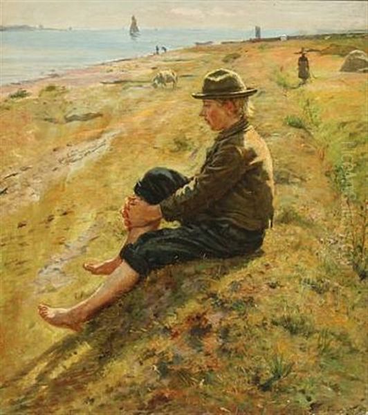 Coastal Scenery With A Sitting Boy Oil Painting by Emil Carl Lund