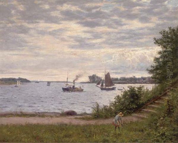 An Afternoon On The Svendeorgsund, Denmark, With The Steamer 'proven' Beyond Oil Painting by Emil Carl Lund