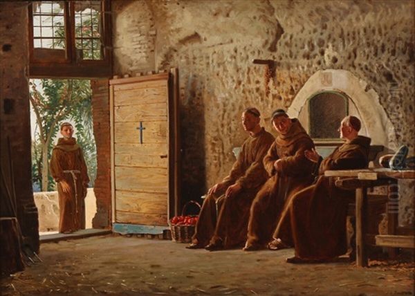 Monks In An Italian Monastery Oil Painting by Frederik Christian Lund