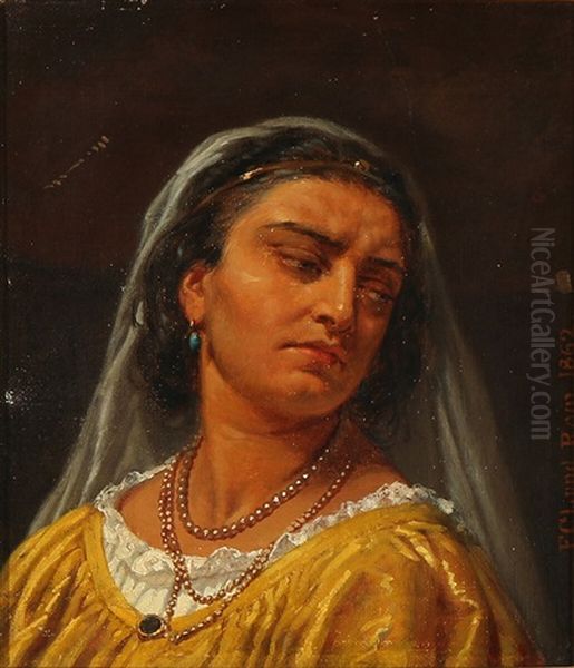 Portrait Of An Italian Woman With Pearl Necklaces And A Veil Oil Painting by Frederik Christian Lund