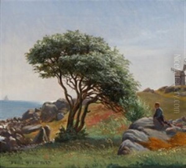 Danish Summer Landscape With A Boy Looking Out Towards The Sea Oil Painting by Frederik Christian Lund