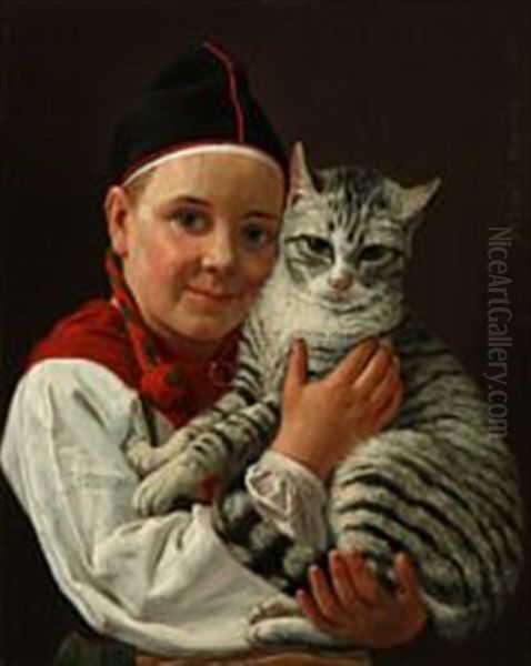 Pigen Med Katten Oil Painting by Frederik Christian Lund