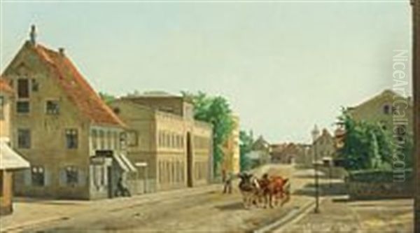 Townscape From Flensburg With Sweeper And Cart Oil Painting by Frederik Christian Lund