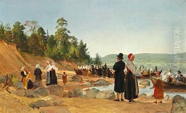 Swedish Churchgoers Arriving By Boat At The Lake Siljan Shore Heading For The Parish Church Of Leksand by Frederik Christian Lund