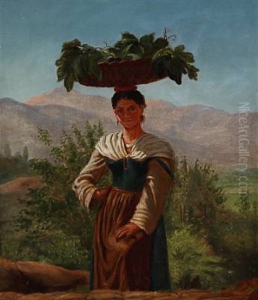 Italian Mountain Landscape With Peasant Woman Oil Painting by Frederik Christian Lund