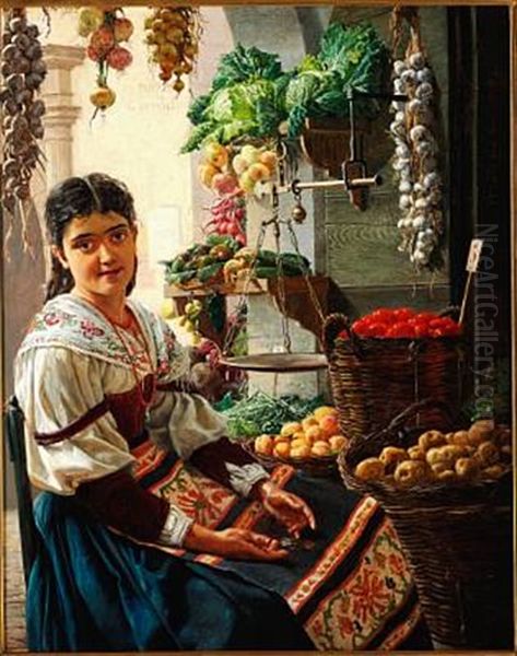 A Young Roman Greengrocer Near Piazza Del Popolo Oil Painting by Frederik Christian Lund