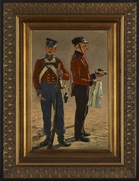 Cavalry Officers Cleaning Their Guns Oil Painting by Frederik Christian Lund