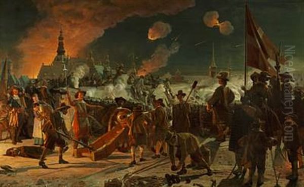 Stormen Paa Kjobenhavn Natten Imellem Den 10de Og 11te Febr. 1659. Det Forste Angreb Paa Volden, Som Foregik, Hvor Stormgade Nu Ligger. De Svenske Have Ifort Sig Hvide Skjorter, For At De Ikke Skulle Kjendes Fra Sneen... Oil Painting by Frederik Christian Lund