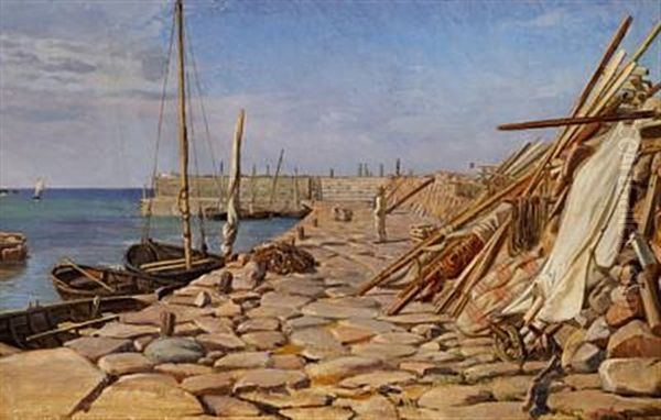 Parti Af Sandvig Havn Paa Bornholm. Eftermiddag. Fiskerne Gaae I Vrag Oil Painting by Frederik Christian Lund