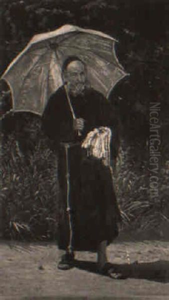 En Munk Under En Gr+n Parasol Oil Painting by Frederik Christian Lund