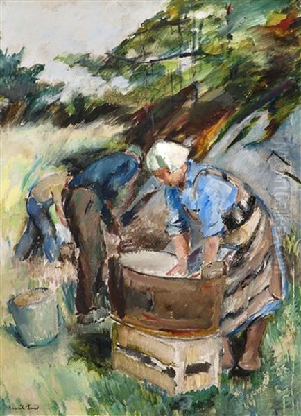 Gunbjor Washing Clothes Oil Painting by Henrik Louis Lund