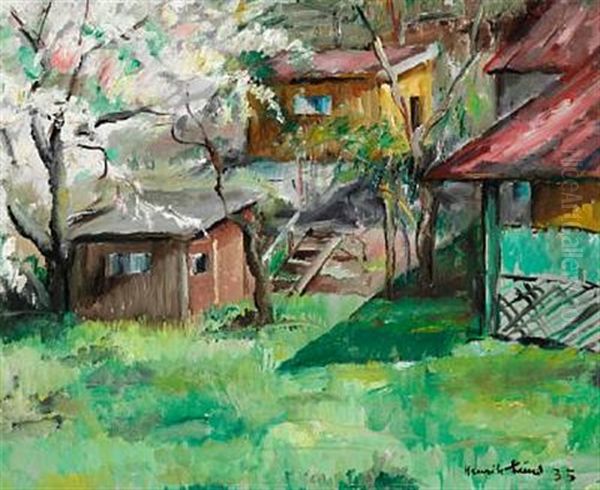 Garden Motif With Outhouses And Flowering Trees Oil Painting by Henrik Louis Lund