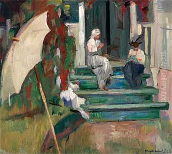 Pa Verandaen Oil Painting by Henrik Louis Lund