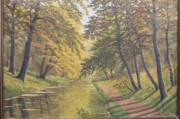 Autumn Landscape With Quiet Stream Flanked By Path To Right Oil Painting by Jens Lund