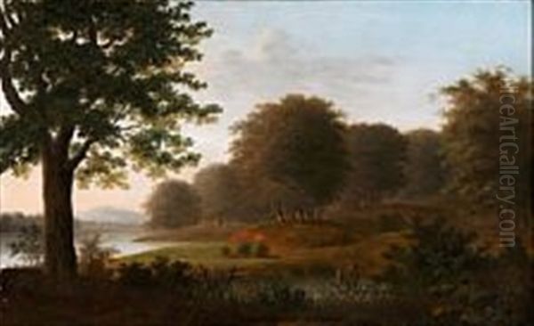 Hilly Forest Landscape At A Lake Oil Painting by Johann Ludwig Gebhard Lund