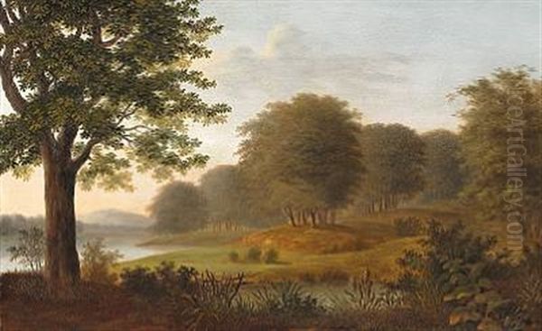 Hilly Forest Landscape At A Lake Oil Painting by Johann Ludwig Gebhard Lund