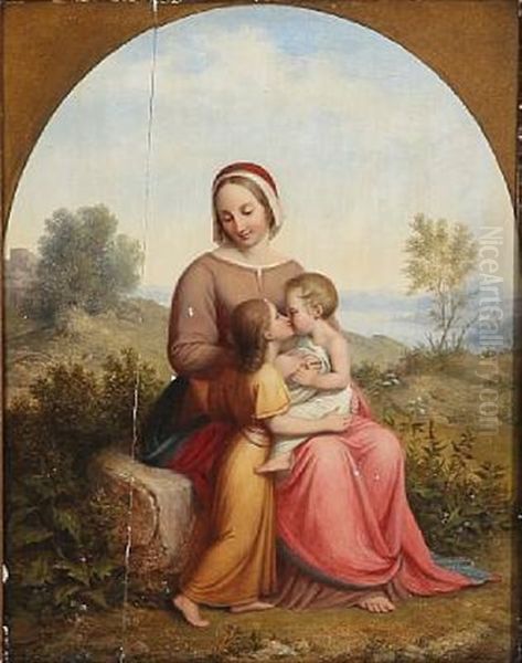 Virgin Mary With Baby Jesus And The Little John The Baptist Oil Painting by Johann Ludwig Gebhard Lund