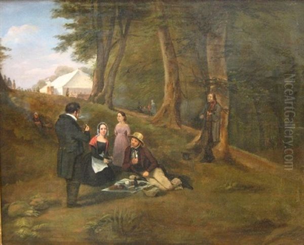 Parti Fra Dyrehavsbakken Med Picnicselskab Og Violinspiller, I Baggrunden Optraeder Pjerrot Foran Et Telt Oil Painting by Johann Ludwig Gebhard Lund