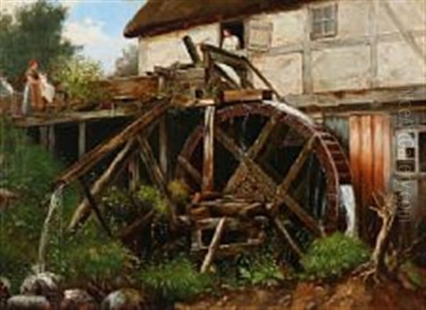 A Watermill On A Summer Day Oil Painting by Niels Anker Lund