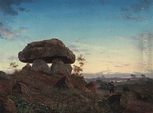 Evening Landscape With Barrows And A Peddler Oil Painting by Niels Anker Lund