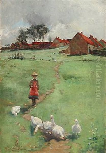 A British Landscape With A Girl And Geese Oil Painting by Niels Moeller Lund