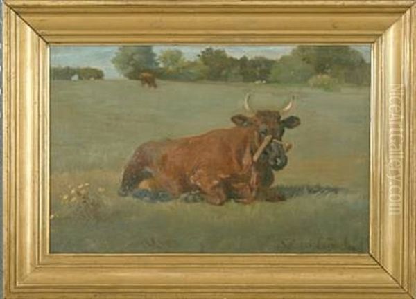 Field With A Resting Cow Oil Painting by Soren Jorgensen Lund