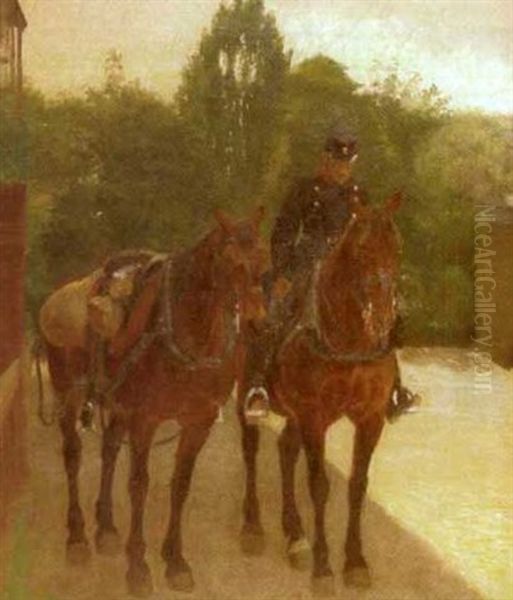 Portrait Of A Soldier On Horseback Leading Another Horse Oil Painting by Soren Jorgensen Lund