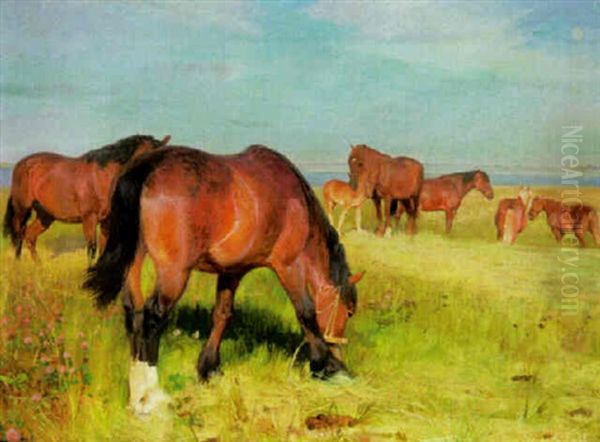 Horses In A Field Oil Painting by Soren Jorgensen Lund