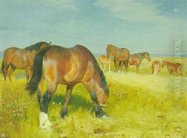 Horses In A Field Oil Painting by Soren Jorgensen Lund