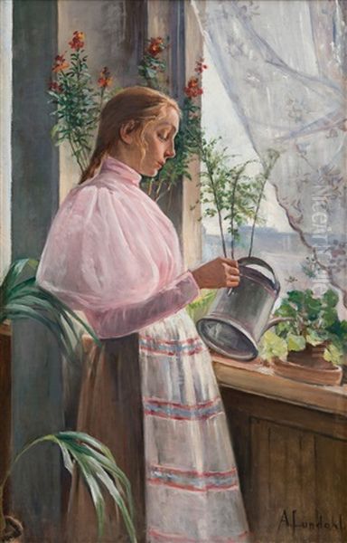 Girl Watering Flowers Oil Painting by Amelie Lundahl