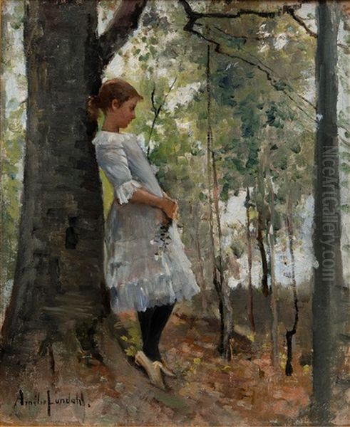 A Girl In The Lush Forest Oil Painting by Amelie Lundahl