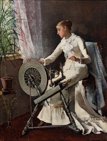 Girl By The Spinning Wheel Oil Painting by Amelie Lundahl