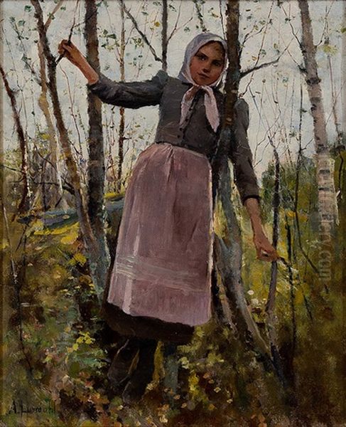 Girl In Birch Forest Oil Painting by Amelie Lundahl