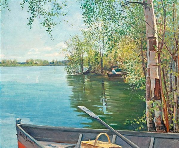 Fishing On The Lake Oil Painting by Amelie Lundahl