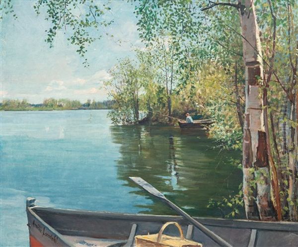 Fishing On The Lake Oil Painting by Amelie Lundahl