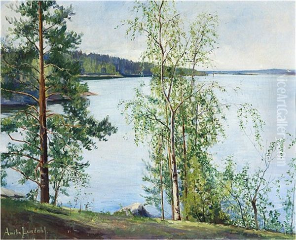 Birches By The Shore Oil Painting by Amelie Lundahl