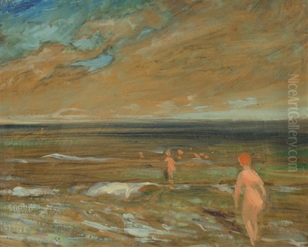 Nude Bathers Oil Painting by August Frederick Lundberg