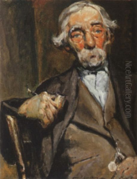 Old Man With A Pipe Oil Painting by August Frederick Lundberg