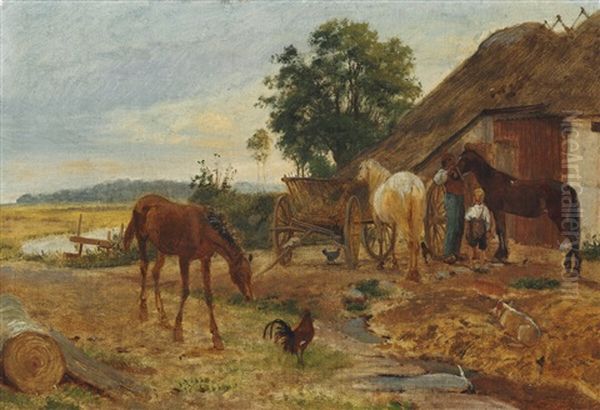 Farm Scene With An Anxious Foal Approaching A Cock Oil Painting by Johan Thomas Lundbye