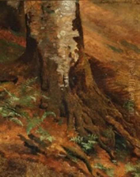 Beech Root With Ferns Oil Painting by Johan Thomas Lundbye