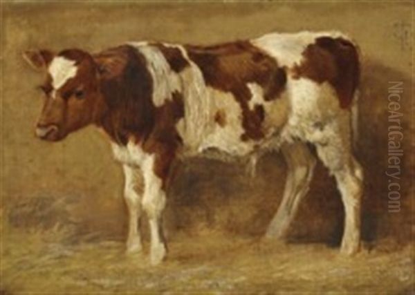 A Standing Calf Oil Painting by Johan Thomas Lundbye