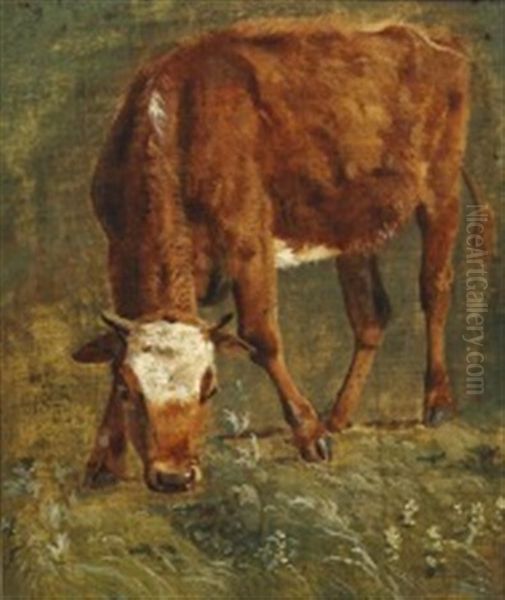 Grazing Red Heifer Oil Painting by Johan Thomas Lundbye