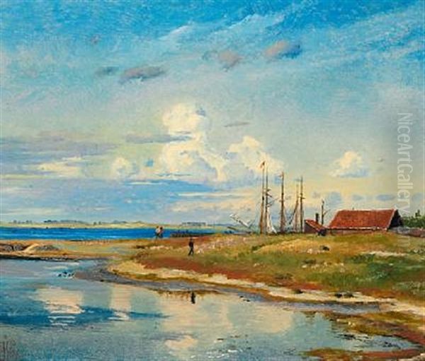 Skibe I Havn Ved Kallundborg Fjord Oil Painting by Johan Thomas Lundbye