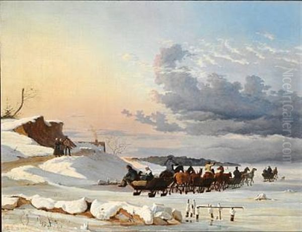 Swedish Sledges On Their Way Back After Having Sold Goods In Copenhagen. The Slope At Skovshoved. Painted In Nyboder In The Winter Oil Painting by Johan Thomas Lundbye