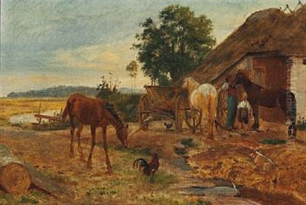 Farm Scene With An Anxious Foal Approaching A Cock Oil Painting by Johan Thomas Lundbye