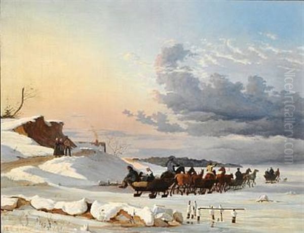 Swedish Sledges On Their Way Back After Having Sold Goods In Copenhagen Oil Painting by Johan Thomas Lundbye