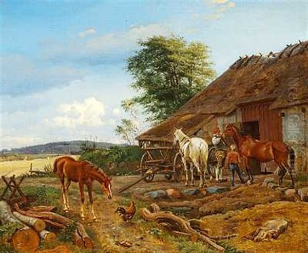 En Bonde Ifaerd Med At Spaende Fra, Mens Follet Halv Nysgjerrigt Halv Aengsteligt Naermer Sig Gaardhanen Oil Painting by Johan Thomas Lundbye